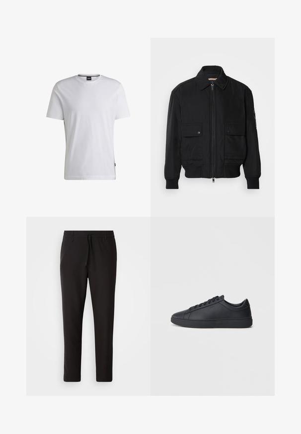 Jaqueta bomber preta feita de um tecido liso e leve. Apresenta um fecho zip à frente, dois bolsos no peito com botão e punhos canelados.; Camiseta branca de manga curta feita de algodão. Apresenta um decote redondo e uma etiqueta de marca discreta na lateral. Textura suave e design simples.; Calças de jogging pretas feitas de tecido liso. Apresentam uma cintura elástica com cordão, pernas ligeiramente ajustadas e sem bolsos visíveis. Design simples.; Ténis pretos feitos de couro liso com um design de cano baixo, bico redondo e sola de borracha plana. Apresentam atacadores e uma marcação discreta.