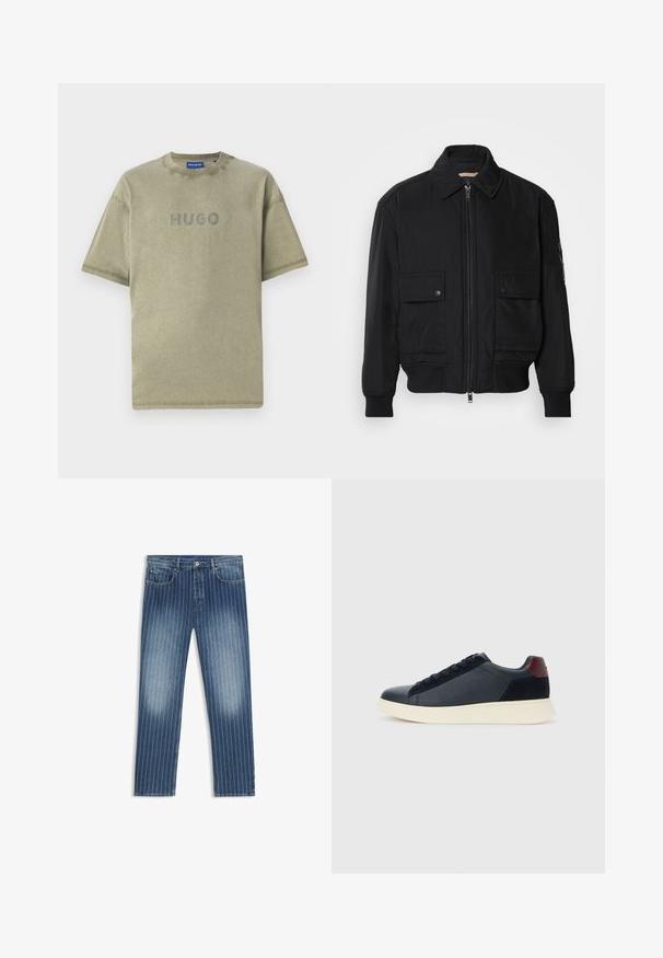 Chaqueta bomber negra de tejido suave y ligero. Cuenta con cierre de cremallera en la parte delantera, dos bolsillos en el pecho con botón y puños acanalados.; Camiseta de algodón verde oliva con mangas cortas, cuello redondo y logotipo "HUGO" en relieve en la parte frontal. Textura sutil y líneas limpias.; Vaqueros de denim con un patrón de rayas, color azul medio, secciones deslavadas, corte recto, cinco bolsillos y cierre de botón metálico.; Zapatilla baja para hombre en cuero negro y ante con un parche en el talón color burdeos y suela de goma blanca, vista desde el lado externo.
