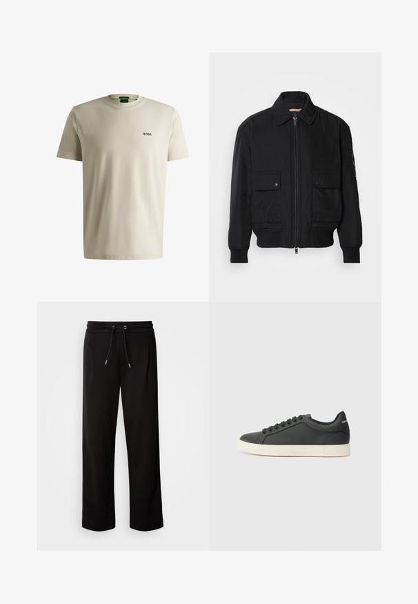 Černá bomber bunda vyrobená z hladkého, lehkého materiálu. Má zipový přední díl, dvě kapsy na hrudi s knoflíky a vroubkované manžety.; Světle béžové tričko s kulatým výstřihem vyrobené z hladkého materiálu; na levé části hrudi se nachází malé černé logo "BOSS". Krátké rukávy a rovný střih.; Černé, volné tepláky vyrobené z měkké látky, s elastickým pasem se šňůrkou a bočními kapsami.; Černé kožené tenisky s nízkým profilem, zaoblenou špičkou a šněrováním; mají texturovanou gumovou podrážku a logo na patě.