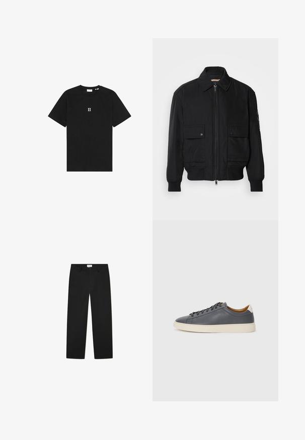 Fekete bomberdzseki sima, könnyű anyagból. Cipzáras elülső részével, két gombos mellzsebével és bordás mandzsettáival rendelkezik.; Fekete pamut póló rövid ujjal és kerek nyakkivágással. A mellkason középen található a fehér nyomtatott szöveg: "II."; Fekete, szabott nadrág sima anyagból. Gombos záródással, övhurkokkal és oldalzsebekkel rendelkezik. Egyenes szabású, díszítés nélküli.; Szürke bőr sportcipő kerek orral, gumitalppal, lapos fűzőkkel és világos színű részletekkel a sarkán. Simás textúrával és minimalista dizájnnal rendelkezik.