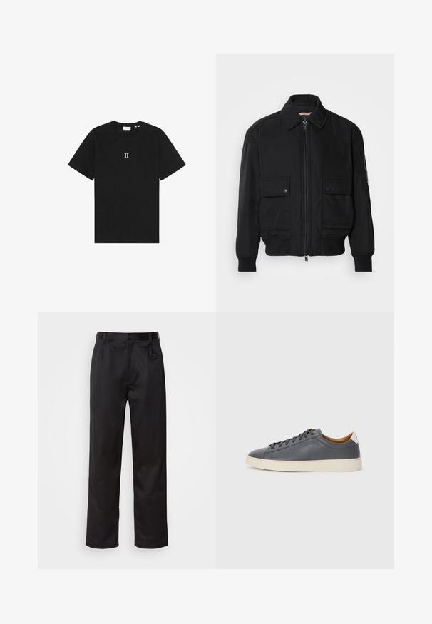 Melnā bomber jaka, izgatavota no gludas, vieglas auduma. Ar rāvējslēdzēju priekšā, diviem pogājamiem krūšu kabatām un ribotām piedurknēm.; Melns kokvilnas T-krekls ar īsām piedurknēm un apaļu kakla izgriezumu. Uz krūšu centra ir balts uzdrukāts teksts "II."; Melnas bikses, kas izgatavotas no gludas auduma, ar priekšējo pogu aizdari, krokām un taisnām kājām. Nav redzamu rakstu vai akcentu.; Pelēki ādas sporta apavi ar apaļu purngalu, gumijas zoli, plakanu auklu un gaišiem akcentiem uz papēža. Gluda tekstūra un minimālistisks dizains.