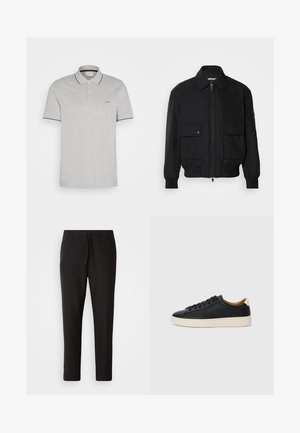 Must mustrakk musth kergestikuti kergemest kuduklett, kergete vestid valjase tormakate. Omab fasadi lukkumist, kahte nööbül pulsiv кофейня ning ribitud käiseid.; Hallvõrk, mis on valmistatud pehmest kangast, featuring kahe nupuga avause, tumesinised aktsendid krael ja varrukatel ning diskreetne logo tikand.; Mustad jogger-püksid, mis on valmistatud siledast kangast. Omavad elastset pihaotsikut koos paelaga, kitsenevaid jalaosi ja nähtamatuid taskuid. Lihtne disain.; Mustad nahast tennised sujuva pindadega, beež kummist tallaga, paelaga kinnitamine ja kontrastse kanna aktsendiga.