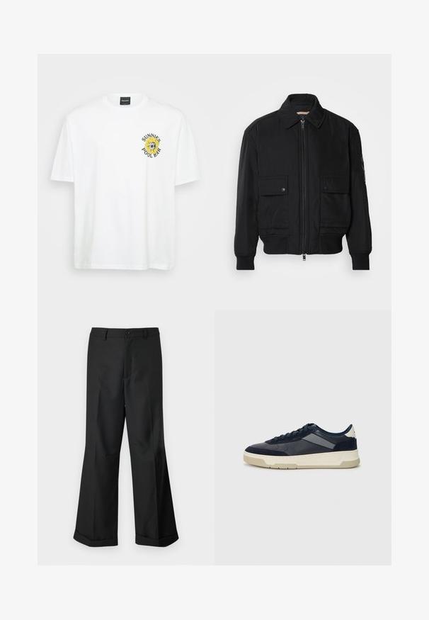 Giacca bomber nera realizzata in tessuto morbido e leggero. Caratterizzata da una chiusura con zip frontale, due tasche sul petto con bottone e polsini a costine.; T-shirt bianca in cotone con colletto rotondo, maniche corte e una grafica di girasole con la scritta "SUNNIES POOL BAR" sul lato sinistro del petto.; Pantaloni neri a gamba larga con vita con bottoni e orli risvoltati, esposti su uno sfondo bianco uniforme.; BOSS BALTIMORE - Sneakers basse - open blue