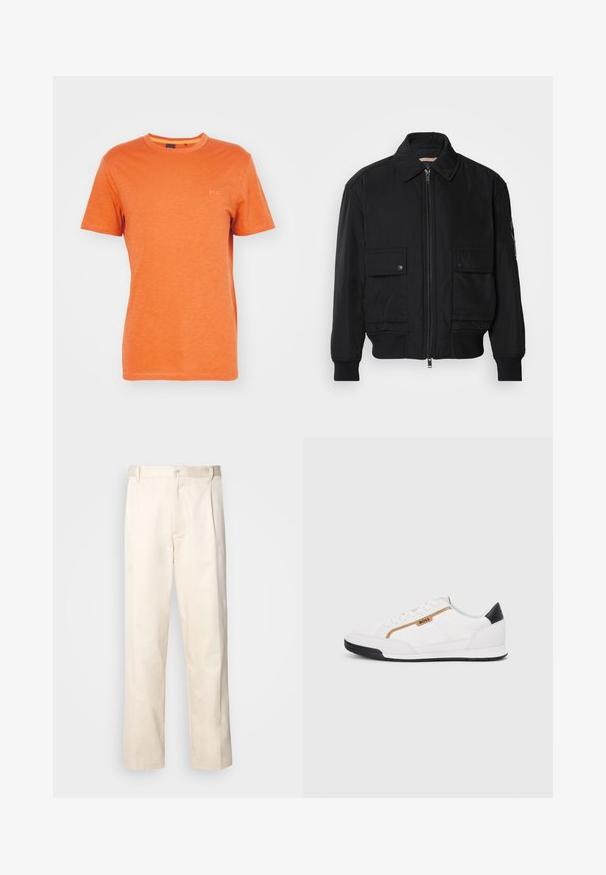Jaqueta bomber preta feita de um tecido liso e leve. Apresenta um fecho zip à frente, dois bolsos no peito com botão e punhos canelados.; BOSS TEGOOD - T-shirt básica - open orange; Calças de algodão bege com corte reto, apresentando um fecho de botão e pregas na frente para um detalhe adicional.; Tênis atléticos brancos com detalhes em malha e couro. Apresenta um logotipo dourado "BOSS", painéis laterais texturizados e um capô de calcanhar preto. Sola em borracha.