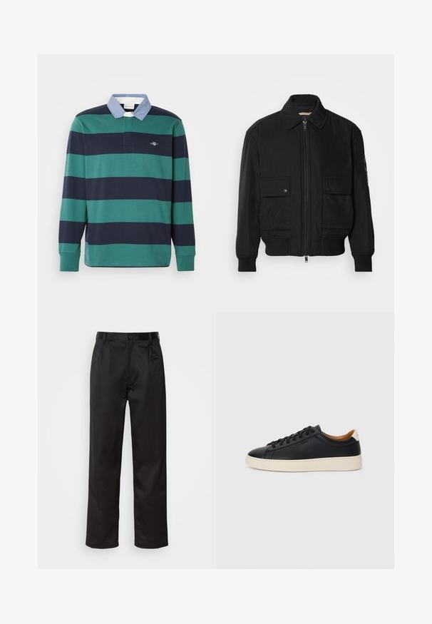 Musta pommijakku, joka on valmistettu sileästä, kevyestä kankaasta. Varusteena vetoketjukiinnitys, kaksi napillista rintataskua ja ribbattu hihansuu.; Pitkähihainen poolopaita, jossa on vihreät ja tummansiniset vaakaraitoja, vaaleansininen kaulus ja pieni brodeerattu logo rinnassa.; Musta housut sileästä kankaasta, joissa on etupainike, laskokset ja suorat lahkeet. Ei näkyviä kuvioita tai korostuksia.; Mustat nahkasneakerit, joissa on sileä pinta, beige kumipohja, nauhakiinnitys ja erottuva kanta-aksentti.