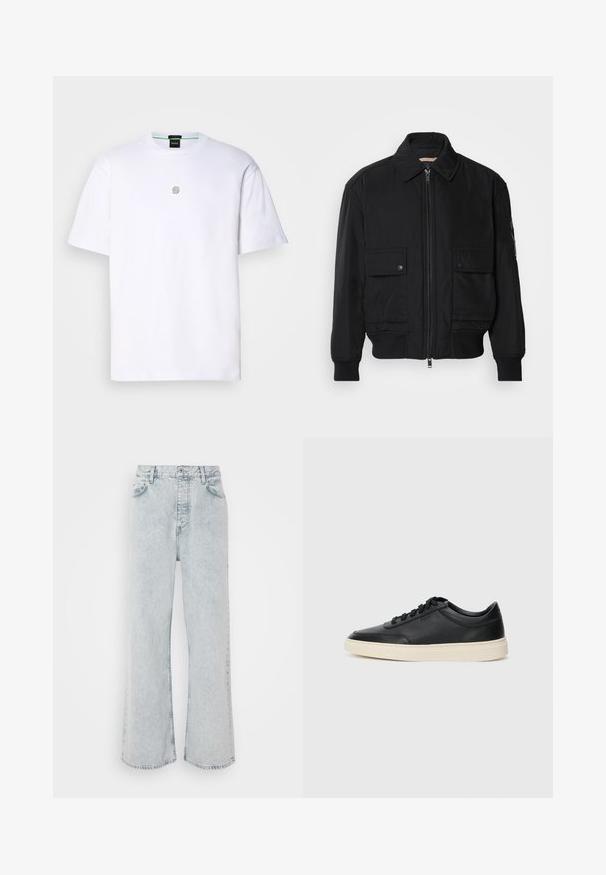 Černá bomber bunda vyrobená z hladkého, lehkého materiálu. Má zipový přední díl, dvě kapsy na hrudi s knoflíky a vroubkované manžety.; Bílý bavlněný tričko s krátkým rukávem, s malým šedým logem na hrudi, kulatým výstřihem a hladkým, měkkým povrchem.; Světle modré džínové kalhoty širokého střihu s vysokým pasem, s knoflíkovým zapínáním, pěti kapsami a jemně vybledlou texturou.; Černé kožené nízké tenisky s černými tkaničkami a slonovinovou podešví, zobrazené v bočním profilu na bílém pozadí.
