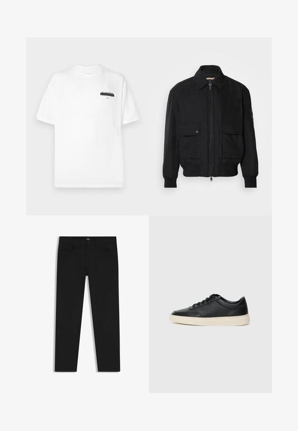 Black bomber jacket made of smooth, lightweight fabric. Features a zip front, two buttoned chest pockets, and ribbed cuffs.; White cotton t-shirt with a round neck, short sleeves, and a minimal black graphic printed on the chest. Soft texture and standard fit.; Black denim trousers with a straight cut, featuring a standard waistband, five pockets, and a button closure. Smooth texture throughout.; Black low-top leather sneaker with black laces and off-white sole shown in side profile on white background.