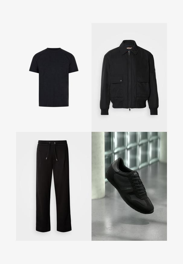 Schwarze Bomberjacke aus glattem, leichtem Stoff. Mit einem Reißverschluss vorne, zwei aufknöpfbaren Brusttaschen und gerippten Bündchen.; Schwarzes Crew-Neck T-Shirt aus glattem Stoff. Verfügt über kurze Raglanärmel und ein dezentes, geprägtes Logo im Bereich der vorderen Brust.; Schwarze, lockere Sweatpants aus weichem Stoff, mit einem elastischen Bund und Zugband sowie seitlichen Taschen.; Schwarzer Sportschuh mit glattem Leder- und Mesh-Obermaterial, Schnürverschluss und dezentem Markenlogo an der Seite und auf der Zunge. Gummisohle.