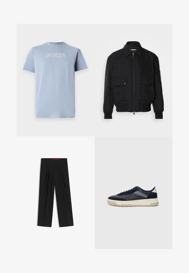 Black bomber jacket made of smooth, lightweight fabric. Features a zip front, two buttoned chest pockets, and ribbed cuffs.; Light blue cotton t-shirt with short sleeves, crew neck, featuring a white logo print "GUESS EST. 1981" on the front. Smooth texture.; Black wide-leg trousers with a flat front, two side pockets, pleated design, and a contrasting red interior waistband.; BOSS BALTIMORE - Trainers - open blue