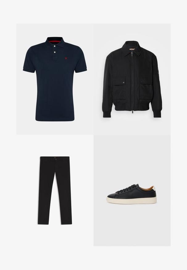 Zwarte bomberjack gemaakt van soepel, lichtgewicht materiaal. Voorzien van een ritssluiting aan de voorkant, twee knoopsluitingen op de borstzakken en geribbelde manchetten.; Marine polo shirt met een klassieke kraag, korte mouwen, een placket met drie knopen en een rood geborduurd logo op de borst. Zachte katoenen stof.; Zwarte broek van stof met een gladde textuur. Bevat een knoopsluiting, riemlussen en zijzakken. Standaard straight-leg ontwerp.; Zwarte leren sneakers met een gladde textuur, beige rubberen zool, vetersluiting en een contrasterende hielaccent.