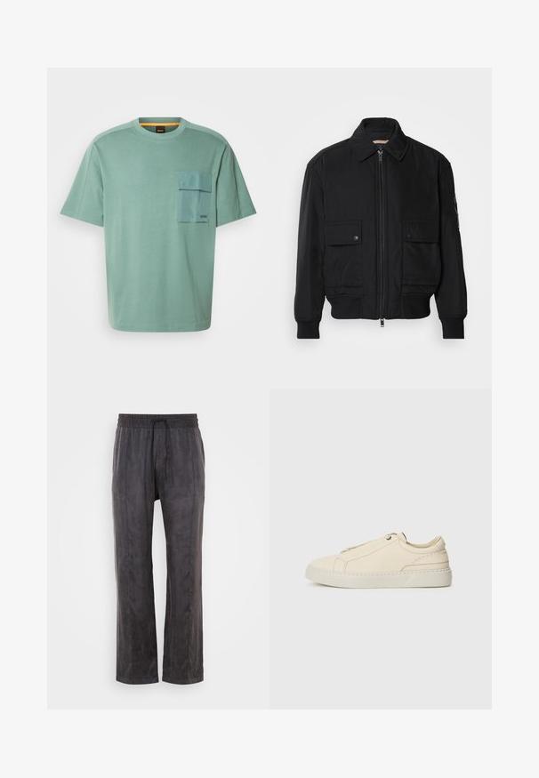 Černá bomber bunda vyrobená z hladkého, lehkého materiálu. Má zipový přední díl, dvě kapsy na hrudi s knoflíky a vroubkované manžety.; BOSS POCKET - Jednoduché tričko - open green; Černé kalhoty vyrobené z měkké tkaniny s hladkou strukturou, s elastickým pasem a stahovací šňůrkou, širokými nohavicemi a bočními švy.; Krémové kožené tenisky s kulatou špičkou, minimalistickým designem, jemnými švy a texturovaným svrškem, na světlé podrážce.