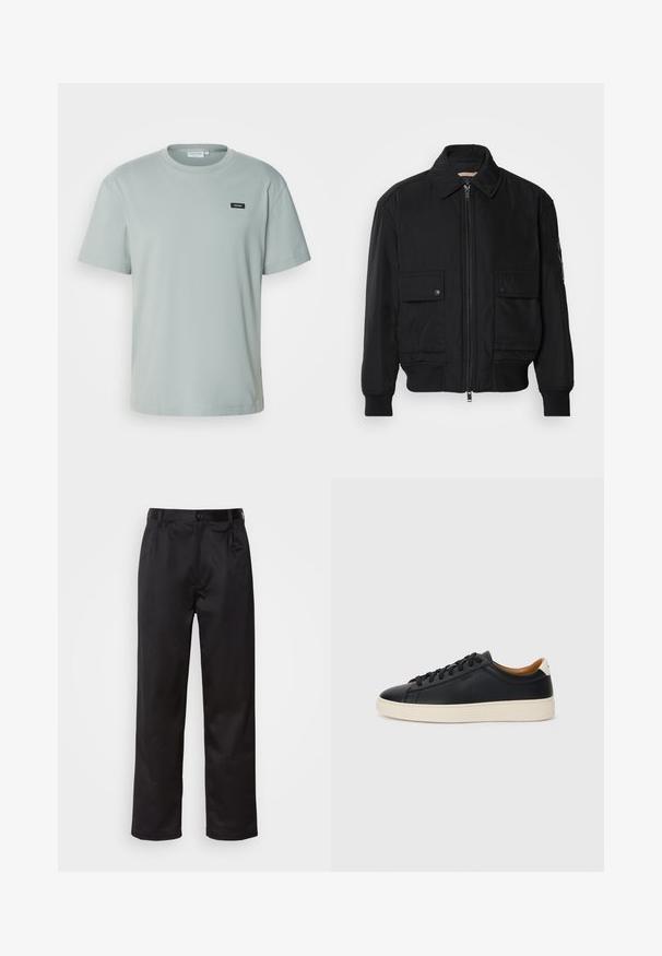 Jaqueta bomber preta feita de um tecido liso e leve. Apresenta um fecho zip à frente, dois bolsos no peito com botão e punhos canelados.; Calvin Klein COMFORT FIT - T-shirt básica - slate gray; Calças pretas feitas de um tecido suave, com fecho frontal por botão, pregas e pernas retas. Sem padrões ou acentos visíveis.; Tenis de couro preto com uma textura suave, sola de borracha bege, design de atar e um destaque no calcanhar em contraste.
