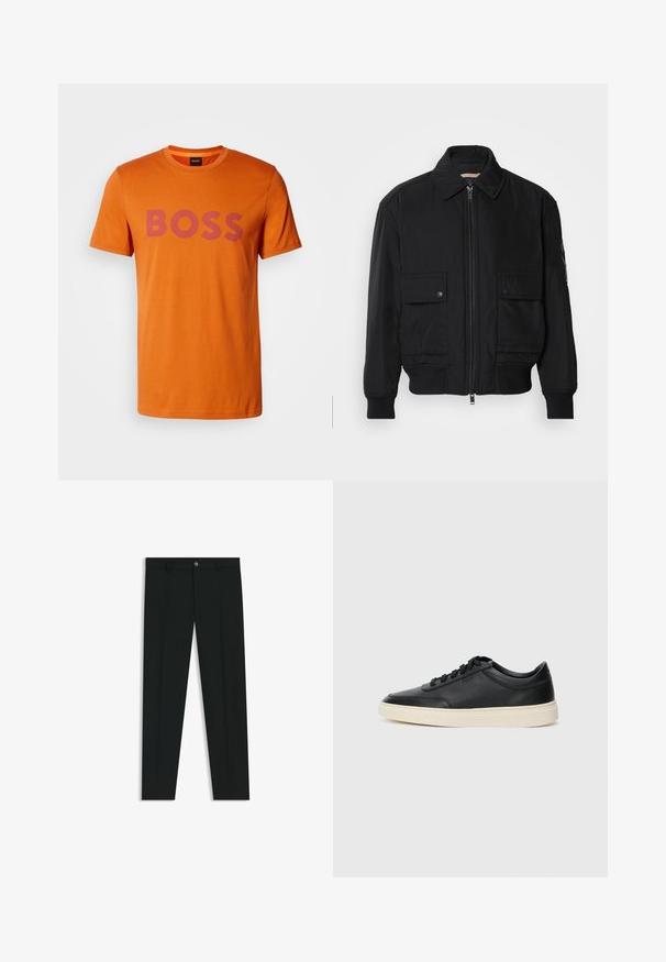Musta pommijakku, joka on valmistettu sileästä, kevyestä kankaasta. Varusteena vetoketjukiinnitys, kaksi napillista rintataskua ja ribbattu hihansuu.; Oranssi puuvillapaita lyhyillä hihoilla, jossa on näkyvä violetti "BOSS" -logo rinnassa, pyöreä kaula-aukko, sileä pinta.; Musta housut, joissa on suora lahje, valmistettu sileästä kankaasta. Edessä nappisulku ja vyölenkit. Yksinkertainen ilman kuvioita.; Musta matalavartinen nahkastretchu, jossa on mustat nauhat ja vaaleanharmaa pohja, esitetty sivuprofiilissa valkoista taustaa vasten.