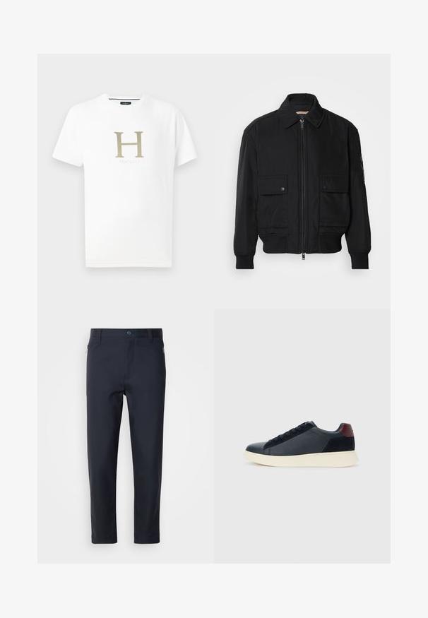 Must mustrakk musth kergestikuti kergemest kuduklett, kergete vestid valjase tormakate. Omab fasadi lukkumist, kahte nööbül pulsiv кофейня ning ribitud käiseid.; Valge puuvillane T-särk lühikeste varrukatega. Esitletud on suur kuldne täht "H" ja brändinimi "Hackett" all pool peenes fontsis. Pehme tekstuur.; Tumed sinised kohandatud püksid, mis on valmistatud siledast kangast. Neil on lukuga tasku, sirged jalad ja nupuga sulgus vööosas.; Madala stiilis meeste toss mustast nahast ja seemisnahast, marooni värvi kanna detailiga ja valge kummist tallaga, vaatega välisküljelt.