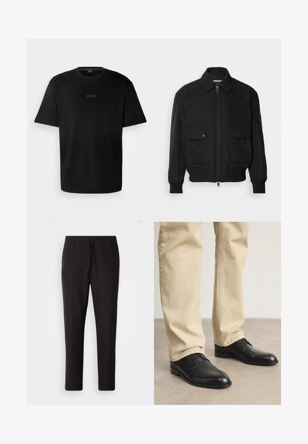 Črna bomberska jakna iz gladkega, lahkega materiala. Ima zadrgo spredaj, dva žepa na prsih s preklopom in rebraste manšete.; Črna bombažna majica s kratkimi rokavi in krožnim izrezom, s subtilnim embosiranim logotipom "BOSS" na sredini. Preprost, minimalističen dizajn.; Črne jogger hlače iz gladkega blaga. Imajo elastičen pas z vrvico, zožane hlačnice in brez vidnih žepov. Enostaven dizajn.; Črne usnjene čevlje z vezalkami in zaobljenim prstom, gladke površine in diskretnimi šivi, oblečene z svetlo bež hlačami.