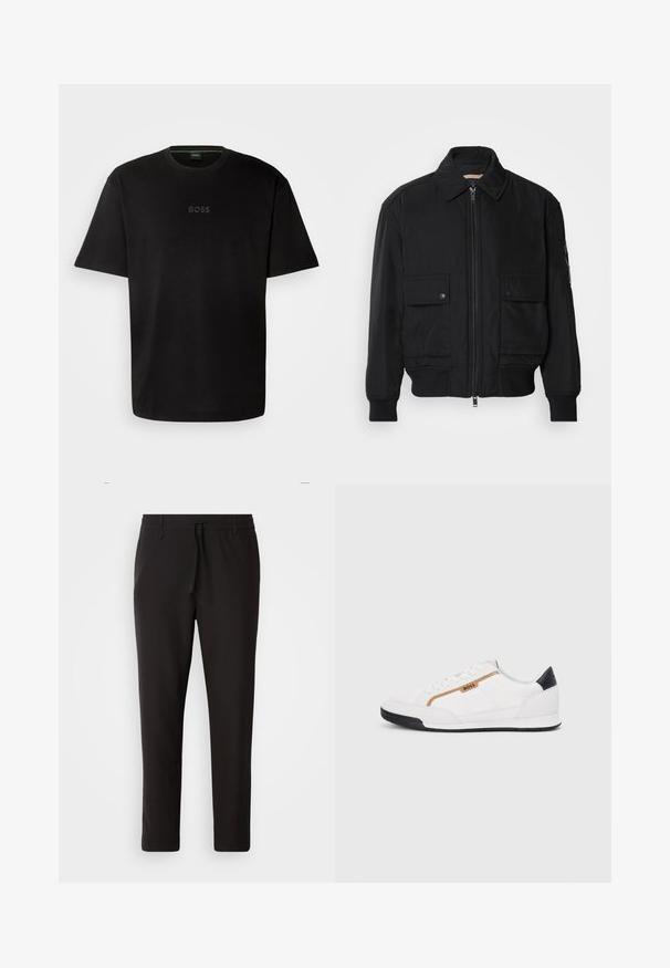 Čierna bomber bunda vyrobená z hladkej, ľahkej látky. Má zips na prednej strane, dve gombíkové vrecká na hrudi a ribbované manžety.; Čierne bavlnené tričko s okrúhlym výstrihom, krátkymi rukávmi a jemným embosovaným logom "BOSS" v strede. Jednoduchý, minimalistický dizajn.; Čierne jogger nohavice vyrobené z hladkej tkaniny. Majú elastický pás s šnúrkou, zúžené nohavice a žiadne viditeľné vrecká. Jednoduchý dizajn.; Biele športové topánky s akcentmi z korku a kože. Obsahujú zlaté logo "BOSS", textúrované bočné panely a čierny pätník. Gumová podrážka.