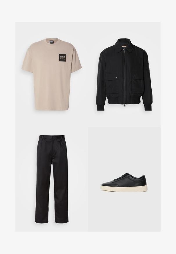 Jachetă bomber neagră, fabricată dintr-un material neted și ușor. Dispune de un fermoar frontal, două buzunare cu nasturi pe piept și manșete ribbrate.; Tricou din bumbac bej, cu guler rotund și mâneci scurte. Dispune de un buzunar pătrat negru pe pieptul stâng, cu text alb.; Pantaloni negri dintr-un material neted, cu închidere prin nasture frontal, pliseuri și picioare drepte. Fără modele sau accente vizibile.; Sneaker din piele neagră, cu vârf jos, cu șireturi negre și talpă de un alb murdar, prezentat în profil lateral, pe un fundal alb.