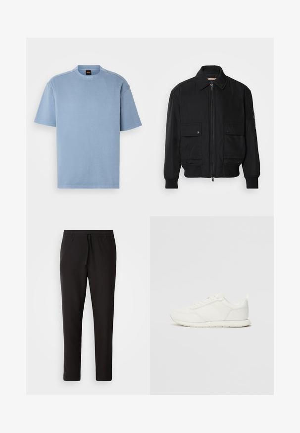 Černá bomber bunda vyrobená z hladkého, lehkého materiálu. Má zipový přední díl, dvě kapsy na hrudi s knoflíky a vroubkované manžety.; Světle modré tričko s krátkým rukávem vyrobené z jemného bavlněného materiálu. Má kulatý výstřih a decentní švy. Bez vzorů nebo grafiky.; Černé teplákové kalhoty vyrobené z hladké látky. Mají elastický pas se šňůrkou, zúžené nohavice a žádné viditelné kapsy. Jednoduchý design.; Bílé tenisky s vrchní částí z síťoviny a syntetického materiálu, kulatou špičkou, plochými tkaničkami a texturovaným bočním pruhem. Gumová podrážka s poutkem vzadu.
