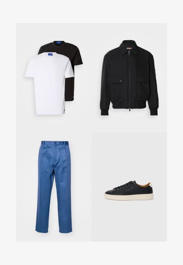 Melnā bomber jaka, izgatavota no gludas, vieglas auduma. Ar rāvējslēdzēju priekšā, diviem pogājamiem krūšu kabatām un ribotām piedurknēm.; Divas T-krekli sakrauti: viens balts un viens melns. Īsas piedurknes, apaļas dekoltē līnijas, kokvilnas audums. Satur mazu zilu logotipu pie dekoltē.; Zili bikses, kas izgatavotas no gluda auduma, ar taisnu kāju dizainu, pogu aizdari un smalkiem šuvuma akcentiem.; Melni ādas sporta apavi ar gludu tekstūru, bēša krāsas gumijas zole, auklu aizdare un kontrastējošs papēža akcents.