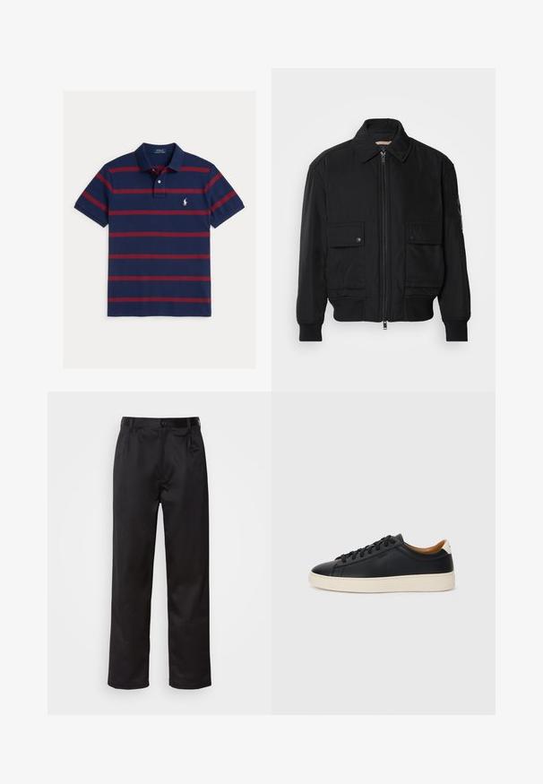 Jaqueta bomber preta feita de um tecido liso e leve. Apresenta um fecho zip à frente, dois bolsos no peito com botão e punhos canelados.; Polo Ralph Lauren CUSTOM FIT STRIPED MESH POLO SHIRT - Polo - spring navy/red carpet; Calças pretas feitas de um tecido suave, com fecho frontal por botão, pregas e pernas retas. Sem padrões ou acentos visíveis.; Tenis de couro preto com uma textura suave, sola de borracha bege, design de atar e um destaque no calcanhar em contraste.