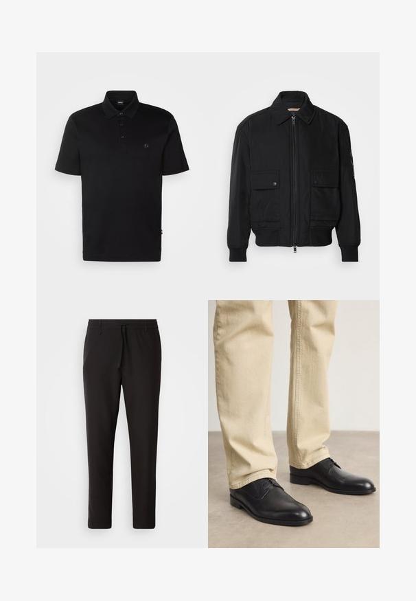 Jaqueta bomber preta feita de um tecido liso e leve. Apresenta um fecho zip à frente, dois bolsos no peito com botão e punhos canelados.; Polo preta feita de algodão, com uma pala de três botões, mangas curtas e um pequeno logotipo no lado esquerdo do peito.; Calças de jogging pretas feitas de tecido liso. Apresentam uma cintura elástica com cordão, pernas ligeiramente ajustadas e sem bolsos visíveis. Design simples.; Sapatos pretos de couro com atacadores, com bico arredondado, acabamento suave e detalhes de costura subtis, usados com calças bege claras.