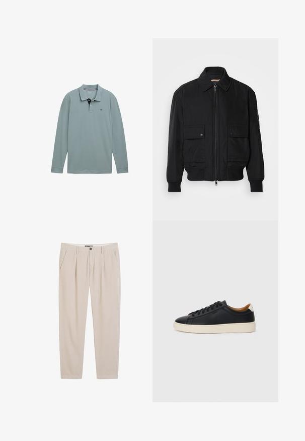Must mustrakk musth kergestikuti kergemest kuduklett, kergete vestid valjase tormakate. Omab fasadi lukkumist, kahte nööbül pulsiv кофейня ning ribitud käiseid.; Heled käised polo särk helesinisena koos kontrastse tumesinise kaelusega. Puuvillane materjal, millel on väike logo vasakul rinnal. Klassikaline lõige.; Beežid korktõmblus püksid sirge lõikega, millel on ees voldid, küljetaskud ja tavaline vöökoht nööbikinnitusega.; Mustad nahast tennised sujuva pindadega, beež kummist tallaga, paelaga kinnitamine ja kontrastse kanna aktsendiga.