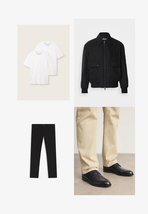 Musta pommijakku, joka on valmistettu sileästä, kevyestä kankaasta. Varusteena vetoketjukiinnitys, kaksi napillista rintataskua ja ribbattu hihansuu.; Kaksi valkoista puuvillapaitaa, joissa on lyhyet hihat ja pyöreät kaula-aukot, ja joissa on huomaamaton logo-yksityiskohta alareunassa.; Mustat housut, jotka on valmistettu sileätekstiilisestä kankaasta. Varustettu nappikiinnityksellä, vyölenkeillä ja sivutaskuilla. Standardi suora lahjemalli.; Musta nahkakengät nauhalla, pyöreällä kärjellä, sileällä pinnalla ja hienovaraisilla ompelutiedoilla, käytettynä vaaleanbeigejen housujen kanssa.