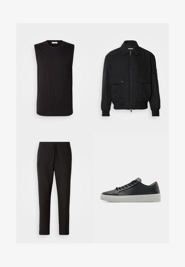 Crna bomberska jakna od glatkog, laganog materijala. Ima zatvarač sprijeda, dva gumbasta džepa na prsima i rebraste manžete.; Crna majica bez rukava od mekog pamuka. Ima okrugli izrez i ležeran kroj, s glatkom teksturom i bez ukrasa.; Crne jogger hlače od glatkog materijala. Imaju elastičnu waistband s vezicom, sužene nogavice i bez vidljivih džepova. Jednostavan dizajn.; Crne kožne tenisice s glatkom teksturom, okruglim vrhom i crnim čipkastim vezicama. Imaju debeo bijeli gumeni potplat s suptilnim geometrijskim naglascima.