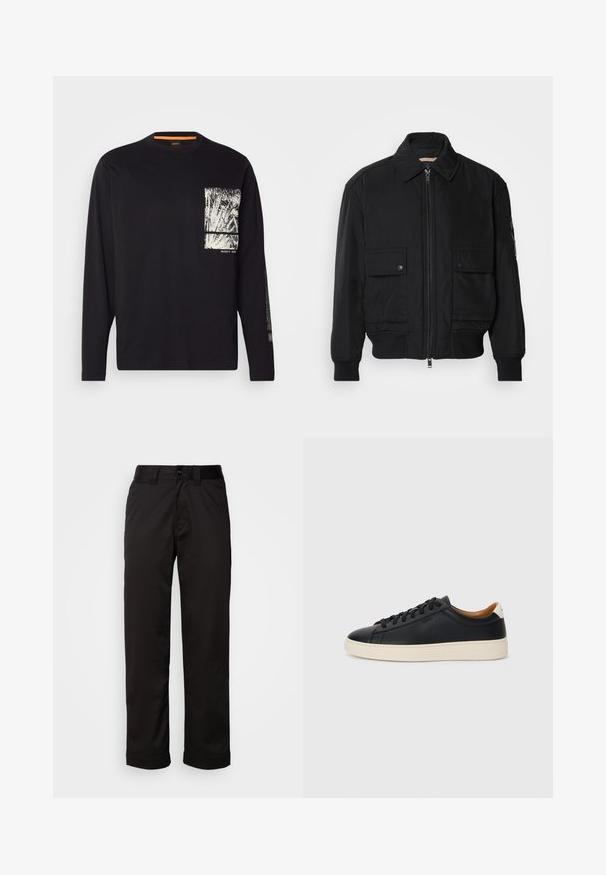 Fekete bomberdzseki sima, könnyű anyagból. Cipzáras elülső részével, két gombos mellzsebével és bordás mandzsettáival rendelkezik.; Fekete hosszúujjú póló, amely pamutból készült, fehér grafikával a mellzseb területén és nyomtatott szöveggel a bal ujjon.; Fekete nadrág sima anyagból, cipzáros és gombos záródással, valamint feltekert szegésekkel a laza dizájn érdekében.; Fekete bőr sportcipők sima felülettel, bézs gumitalppal, fűzős dizájnnal és kontrasztos sarkú akcentussal.