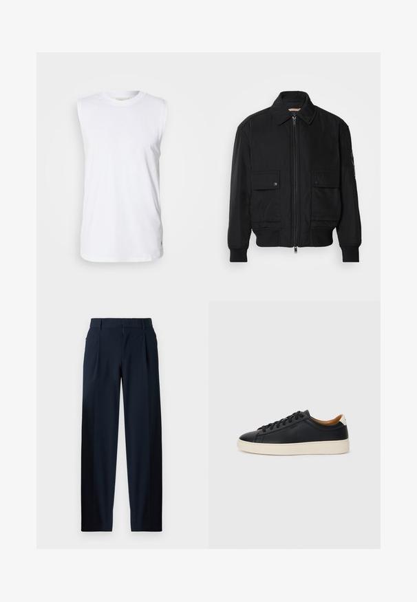 Black bomber jacket made of smooth, lightweight fabric. Features a zip front, two buttoned chest pockets, and ribbed cuffs.; White, sleeveless cotton tank top with a round neckline and a subtle woven label on the hem. Smooth texture, loose fit, and simple design.; Navy blue trousers with a smooth texture, wide-leg design, front pleats, belt loops, and a zip closure. Suitable for formal or casual wear.; Black leather sneakers with a smooth texture, beige rubber sole, lace-up design, and a contrasting heel accent.