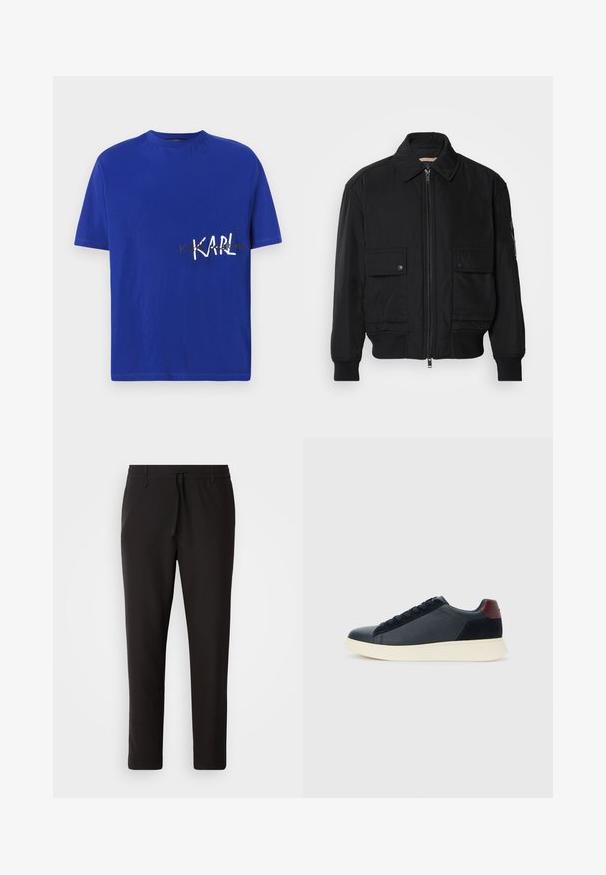 Črna bomberska jakna iz gladkega, lahkega materiala. Ima zadrgo spredaj, dva žepa na prsih s preklopom in rebraste manšete.; Modra bombažna majica s krožnim izrezom. Značilna bela beseda "KARL" in dodatno zlatilo, kratke rokave in običajen kroj.; Črne jogger hlače iz gladkega blaga. Imajo elastičen pas z vrvico, zožane hlačnice in brez vidnih žepov. Enostaven dizajn.; Nizke moške tenisice iz črnega usnja in semiša z vijoličnim petnim delom in belim gumijastim podplatom, prikazane s sprednje strani.