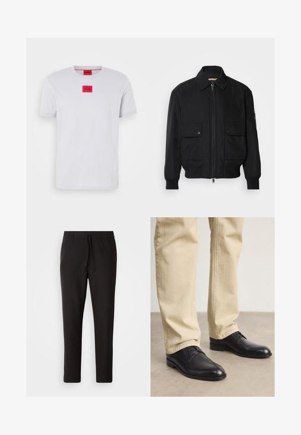 Čierna bomber bunda vyrobená z hladkej, ľahkej látky. Má zips na prednej strane, dve gombíkové vrecká na hrudi a ribbované manžety.; Biela bavlnená tričko s krátkym rukávom a okrúhlym výstrihom, s červeným vyšívaným štvorcovým logom umiestneným na hrudi.; Čierne jogger nohavice vyrobené z hladkej tkaniny. Majú elastický pás s šnúrkou, zúžené nohavice a žiadne viditeľné vrecká. Jednoduchý dizajn.; Čierne kožené šnurovacie topánky s okrúhlou špičkou, hladkým povrchom a jemnými detailmi prešitia, nosené so svetlo béžovými nohavicami.