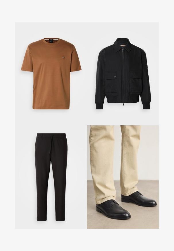 Fekete bomberdzseki sima, könnyű anyagból. Cipzáras elülső részével, két gombos mellzsebével és bordás mandzsettáival rendelkezik.; Barna, rövid ujjú póló, puha anyagból, kerek nyakkal és egy kis logós emblémával a mellkason. Simább textúra.; Fekete jogger nadrág sima anyagból. Rugalmas derekú, húzózsinórral, tapered lábakkal és látható zsebek nélkül készül. Egyszerű dizájn.; Fekete bőrfűzős cipő kerek orral, sima felülettel és finom varrási részletekkel, világos bézs nadrággal viselve.