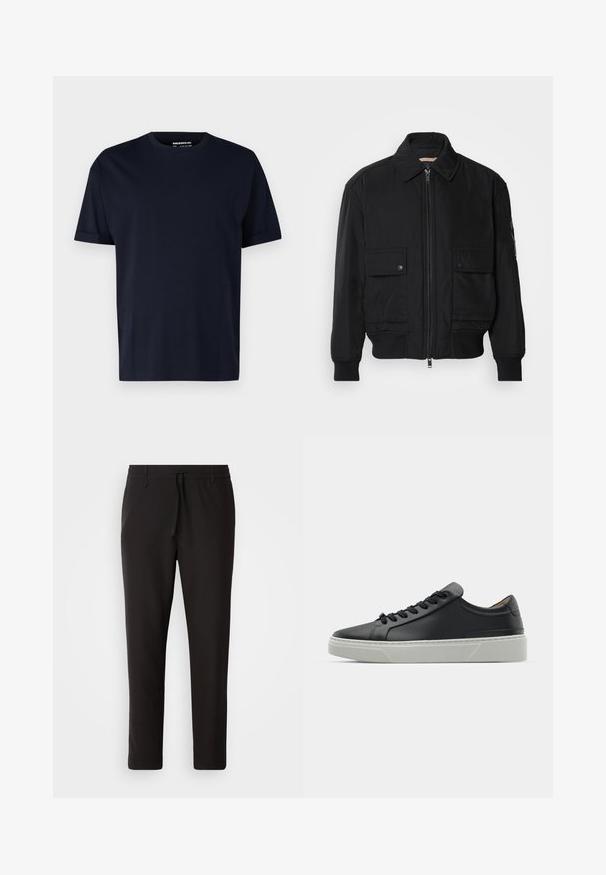 Črna bomberska jakna iz gladkega, lahkega materiala. Ima zadrgo spredaj, dva žepa na prsih s preklopom in rebraste manšete.; Mornarško modra bombažna majica s kratkimi rokavi in okroglim izrezom, ki se ponaša z gladko teksturo in brez vidnih vzorcev ali logotipov.; Črne jogger hlače iz gladkega blaga. Imajo elastičen pas z vrvico, zožane hlačnice in brez vidnih žepov. Enostaven dizajn.; Črne usnjene teniske z gladko teksturo, okroglo konico in črnimi vezalkami. Imajo debel bel gumijast podplat s subtilnimi geometrijskimi poudarki.