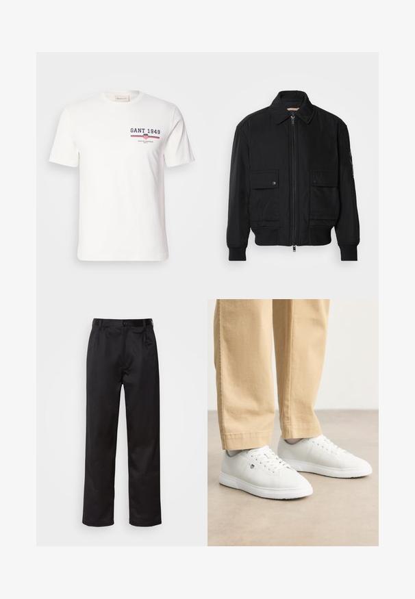 Melnā bomber jaka, izgatavota no gludas, vieglas auduma. Ar rāvējslēdzēju priekšā, diviem pogājamiem krūšu kabatām un ribotām piedurknēm.; Balts kokvilnas T-krekls ar īsām piedurknēm, ar "GANT 1949" logotipu tumši zils un sarkans, kā arī horizontālām sarkanu un zilu svītru akcentiem.; Melnas bikses, kas izgatavotas no gludas auduma, ar priekšējo pogu aizdari, krokām un taisnām kājām. Nav redzamu rakstu vai akcentu.; Baltas ādas sporta apavi ar gludu virsmu, apaļo purngalu, auklīnēm un smalku logotipa detaļu sānos, kombinēti ar bēšām biksēm.