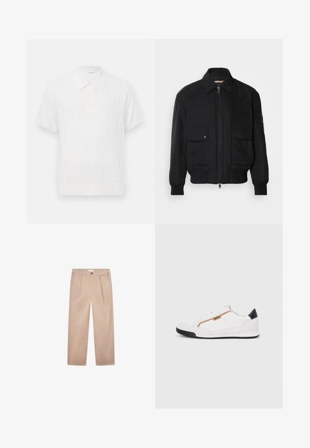 Jaqueta bomber preta feita de um tecido liso e leve. Apresenta um fecho zip à frente, dois bolsos no peito com botão e punhos canelados.; Polo em malha branca com mangas curtas, apresentando uma textura canelada subtil, abertura com três botões e um pequeno logo no peito.; Calças caqui em algodão com um design de perna reta, apresentando dois bolsos frontais, fecho com botão e um ajuste clássico.; Tênis atléticos brancos com detalhes em malha e couro. Apresenta um logotipo dourado "BOSS", painéis laterais texturizados e um capô de calcanhar preto. Sola em borracha.