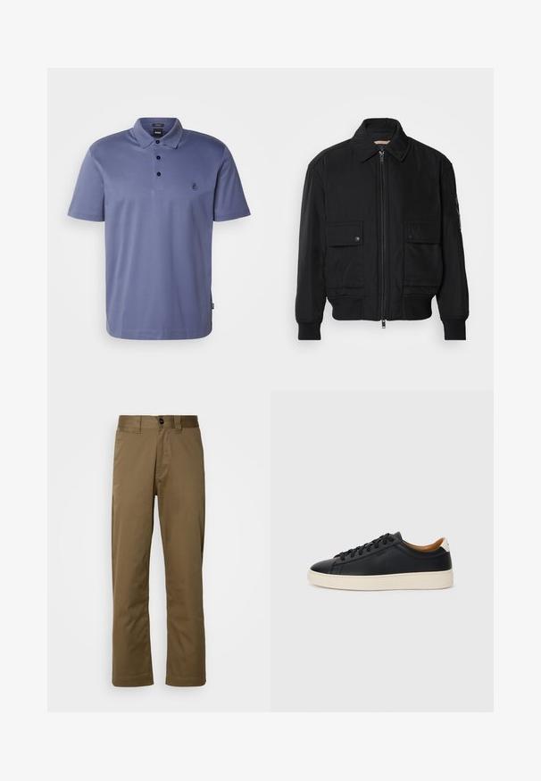 Jaqueta bomber preta feita de um tecido liso e leve. Apresenta um fecho zip à frente, dois bolsos no peito com botão e punhos canelados.; BOSS C-PARRIS 01 - Polo - navy; Calças castanhas de perna reta feitas de tecido entrelaçado. Apresenta um fecho com botão, bolsos laterais e uma textura suave. Ajuste sob medida.; Tenis de couro preto com uma textura suave, sola de borracha bege, design de atar e um destaque no calcanhar em contraste.