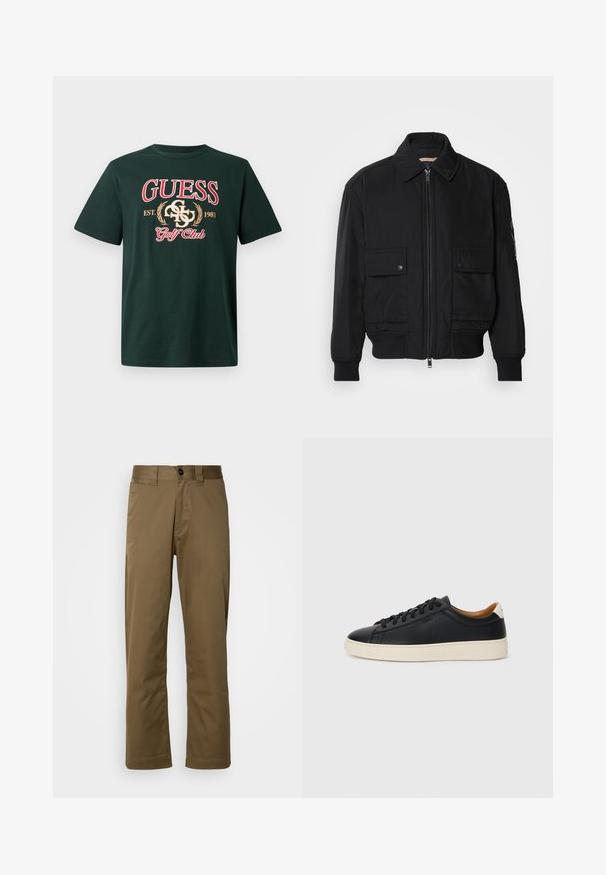Juodas bomber stiliaus švarkas, pagamintas iš sklandaus, lengvo audinio. Su užtrauktuku priekyje, dviem kišenėmis su sagomis ant krūtinės ir guma apykaklėje.; Žalias medvilnės marškinėliai su raižyta raudona "GUESS" inscription, siuvinėtu logotipu ir tekstu "Golf Club". Trumpomis rankovėmis ir apvaliu kaklu.; Rudos, tiesios kojų kelnės, pagamintos iš audinio. Yra mygtukų užsegimas, šoninės kišenės ir lygus paviršius. Prigludęs siluetas.; Juodos odinės sportbačiai su lygiu paviršiumi, smėlio spalvos guminis padas, raišteliais užsegama konstrukcija ir kontrastingas kulno akcentas.