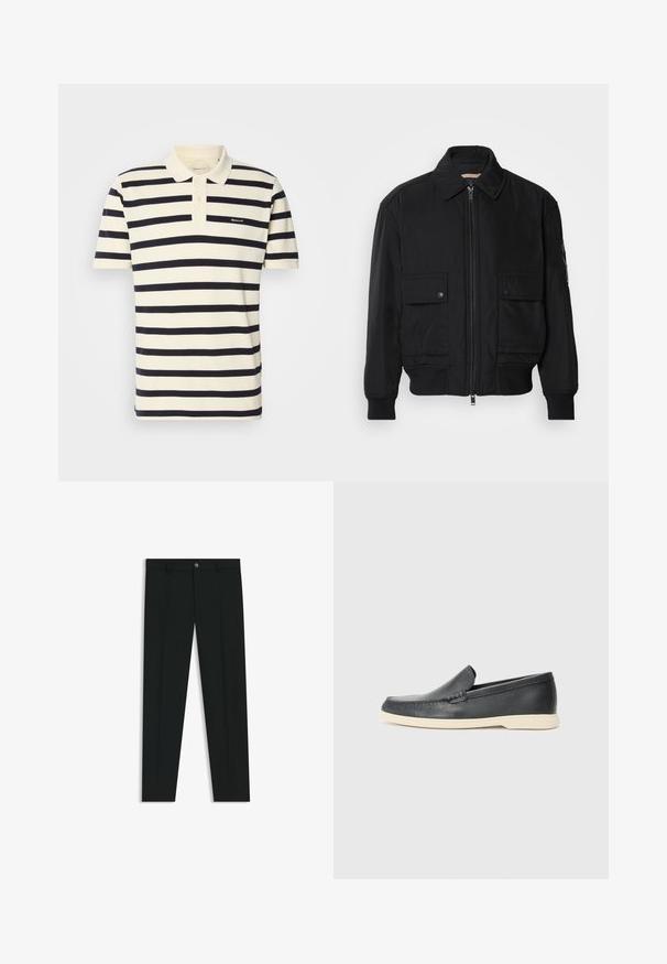 Zwarte bomberjack gemaakt van soepel, lichtgewicht materiaal. Voorzien van een ritssluiting aan de voorkant, twee knoopsluitingen op de borstzakken en geribbelde manchetten.; Gestreepte polo in crème en marineblauw, gemaakt van katoen. Voorzien van een kraag, knoopsluiting met twee knopen en geborduurd logo op de borst.; Zwarte dresspants met een recht pasvorm, gemaakt van een gladde stof. Heeft een sluiting met een knoop aan de voorkant en ceintuurlussen. Effen zonder patronen.; Zwarte leren instappers met een gestructureerde afwerking en een contrasterende beige rubberen zool. Beschikt over een subtiele accent langs de voorkant.