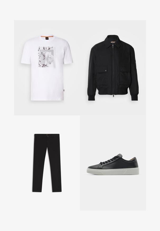 Schwarze Bomberjacke aus glattem, leichtem Stoff. Mit einem Reißverschluss vorne, zwei aufknöpfbaren Brusttaschen und gerippten Bündchen.; Weißes Baumwoll-T-Shirt mit einem Grafikmotiv eines brüllenden Eisbären in einem rechteckigen Rahmen, akzentuiert durch abstrakte schwarze und graue Muster.; Schwarze Hosen aus einem Stoff mit glatter текстуре. Verfügt über einen Knopfverschluss, Gürtelschlaufen und Seitentaschen. Klassisches Design mit geradem Bein.; Schwarze Ledersneaker mit glatter Textur, runder Zehenform und schwarzen Schnürsenkeln. Verfügt über eine dicke, weiße Gummisohle mit subtilen geometrischen Akzenten.