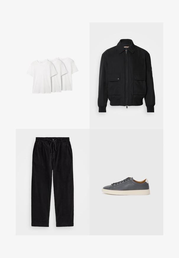 Must mustrakk musth kergestikuti kergemest kuduklett, kergete vestid valjase tormakate. Omab fasadi lukkumist, kahte nööbül pulsiv кофейня ning ribitud käiseid.; Kolm lihtsat valget ümarakaelusega t-särki, mis on valmistatud puuvillast. Lühikesed varrukad ja lõdvalt lõigatud. Igaühel on sildike kaelas. Ei mingeid mustreid ega aksessuaare.; Mustreeritud mustad korduroypassid, millel on vabalt langev lõige, elastse vöökoha ja nööriga, ning küljetaskud. Kangas on ribakujuline.; Hallhalli nahast tossud ümmarguse varbaga, kummist tallaga, lamedate paeltega ja heledate aktsentidega kontsadel. Sile tekstuur ja minimalistlik disain.