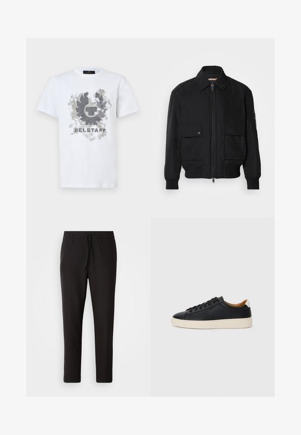 Jaqueta bomber preta feita de um tecido liso e leve. Apresenta um fecho zip à frente, dois bolsos no peito com botão e punhos canelados.; T-shirt branco de manga curta com uma coroa de louros pixelada em preto e cinza e o texto "BELSTAFF" na frente.; Calças de jogging pretas feitas de tecido liso. Apresentam uma cintura elástica com cordão, pernas ligeiramente ajustadas e sem bolsos visíveis. Design simples.; Tenis de couro preto com uma textura suave, sola de borracha bege, design de atar e um destaque no calcanhar em contraste.