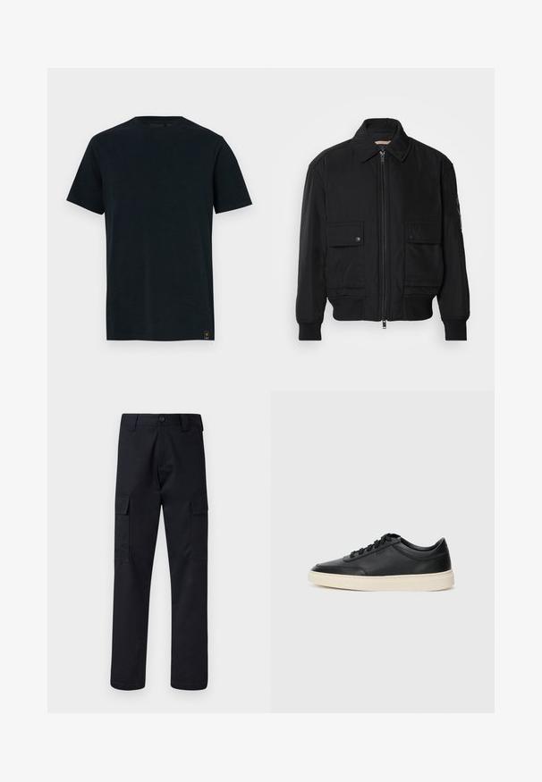 Černá bomber bunda vyrobená z hladkého, lehkého materiálu. Má zipový přední díl, dvě kapsy na hrudi s knoflíky a vroubkované manžety.; Černé bavlněné tričko s kulatým výstřihem, krátkými rukávy a diskrétním logem na dolním levém okraji. Hladká textura s klasickým střihem.; Černé cargo kalhoty vyrobené z odolné tkaniny, s rovnými nohavicemi, dvěma bočními kapsami a zapínáním na knoflík v pase.; Černé kožené nízké tenisky s černými tkaničkami a slonovinovou podešví, zobrazené v bočním profilu na bílém pozadí.