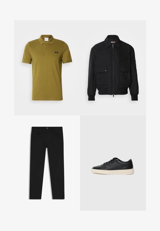 Giacca bomber nera realizzata in tessuto morbido e leggero. Caratterizzata da una chiusura con zip frontale, due tasche sul petto con bottone e polsini a costine.; Polo shirt verde oliva realizzato in cotone morbido. Presenta un colletto classico, due bottoni e un piccolo logo del marchio sul lato sinistro del petto. Maniche corte.; Pantaloni in denim nero con taglio dritto, dotati di vita standard, cinque tasche e chiusura con bottone. Texture liscia su tutta la superficie.; Sneaker in pelle nera a basso profilo con lacci neri e suola avorio, mostrato di profilo su sfondo bianco.