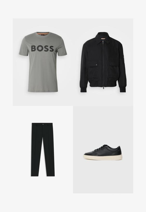 Musta pommijakku, joka on valmistettu sileästä, kevyestä kankaasta. Varusteena vetoketjukiinnitys, kaksi napillista rintataskua ja ribbattu hihansuu.; BOSS THINKING - Printtipaita - open grey; Musta housut, joissa on suora lahje, valmistettu sileästä kankaasta. Edessä nappisulku ja vyölenkit. Yksinkertainen ilman kuvioita.; Musta matalavartinen nahkastretchu, jossa on mustat nauhat ja vaaleanharmaa pohja, esitetty sivuprofiilissa valkoista taustaa vasten.