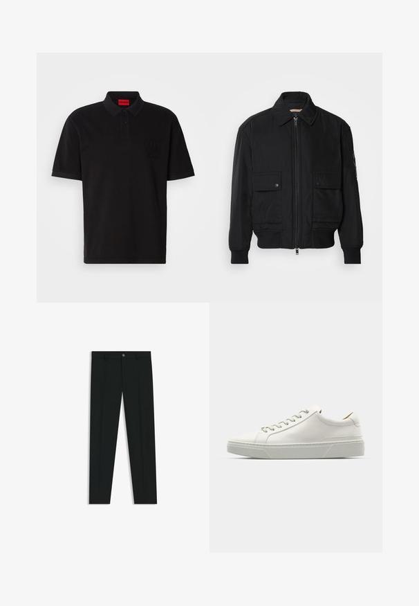 Musta pommijakku, joka on valmistettu sileästä, kevyestä kankaasta. Varusteena vetoketjukiinnitys, kaksi napillista rintataskua ja ribbattu hihansuu.; Musta polo-paita, joka on valmistettu puuvillasta ja jossa on kauluspääntie, kaksi nappia sekä tonaalinen "HUGO"-logo vasemmassa rinnassa.; Musta housut, joissa on suora lahje, valmistettu sileästä kankaasta. Edessä nappisulku ja vyölenkit. Yksinkertainen ilman kuvioita.; Valkoinen nahkakenkä, jossa on pyöreä varvas, minimalistinen muotoilu, harmaat nauhat ja karkea harmaa kumipohja. Huomaamattomat ompeluyksityiskohdat näkyvissä.