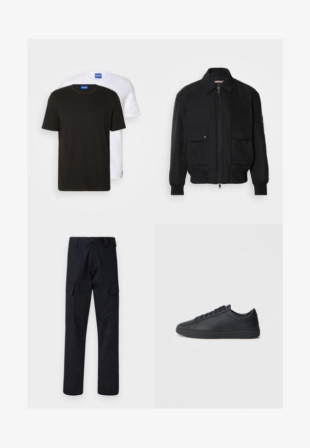 Črna bomberska jakna iz gladkega, lahkega materiala. Ima zadrgo spredaj, dva žepa na prsih s preklopom in rebraste manšete.; Komplet dveh majic, ena črna in ena bela, narejena iz bombaža. Vsaka ima krožni izrez in na ovratniku ima modro oznako.; Črne cargo hlače iz trpežnega blaga, z ravnim krojem, dvema stranskima žepoma in gumbom za zapiranje na pasu.; Črne superge iz gladkega usnja z nizkim dizajnom, okroglo konico in ravnim gumijastim podplatom. Imajo vezalke in subtilno blagovno znamko.