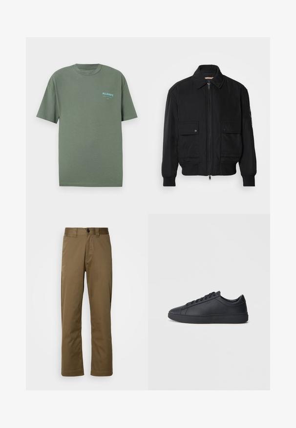 Jaqueta bomber preta feita de um tecido liso e leve. Apresenta um fecho zip à frente, dois bolsos no peito com botão e punhos canelados.; T-shirt verde em algodão com decote redondo, mangas curtas e um pequeno logótipo azul no lado esquerdo do peito. Textura suave, corte relaxado.; Calças castanhas de perna reta feitas de tecido entrelaçado. Apresenta um fecho com botão, bolsos laterais e uma textura suave. Ajuste sob medida.; Ténis pretos feitos de couro liso com um design de cano baixo, bico redondo e sola de borracha plana. Apresentam atacadores e uma marcação discreta.