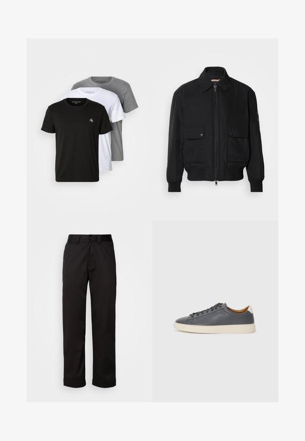 Μαύρο μπουφάν bomber φτιαγμένο από μαλακό, ελαφρύ ύφασμα. Διαθέτει φερμουάρ μπροστά, δύο τσέπες με κουμπιά στο στήθος και ριμπ μανσέτες.; Τρία μπλουζάκια με στρογγυλή λαιμόκοψη σε μαύρο, λευκό και γκρι χρώμα. Κάθε ένα είναι φτιαγμένο από απαλό βαμβάκι, με κοντά μανίκια και ένα μικρό λογότυπο στο μαύρο μπλουζάκι.; Μαύρο παντελόνι από λείο ύφασμα, με φερμουάρ, κουμπί κλεισίματος και στραβωμένα μπατζάκια για μια χαλαρή σχεδίαση.; Γκρίζο δερμάτινο αθλητικό παπούτσι με στρογγυλή μύτη, καουτσούκ σόλα, επίπεδες κορδόνες και ανοιχτόχρωμες λεπτομέρειες στη φτέρνα. Λείος υφιστάμενος και μινιμαλιστικός σχεδιασμός.