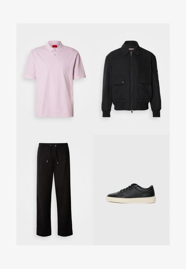 Schwarze Bomberjacke aus glattem, leichtem Stoff. Mit einem Reißverschluss vorne, zwei aufknöpfbaren Brusttaschen und gerippten Bündchen.; Hellrosa Polohemd mit Kragen, kurzen Ärmeln und gesticktem "HUGO"-Logo auf der linken Brust. Hergestellt aus weichem Stoff mit glatter Textur.; Schwarze, lockere Sweatpants aus weichem Stoff, mit einem elastischen Bund und Zugband sowie seitlichen Taschen.; Schwarzer niedriger Ledersneaker mit schwarzen Schnürsenkeln und cremefarbenem Sohlenrand, seitlich auf weißem Hintergrund dargestellt.